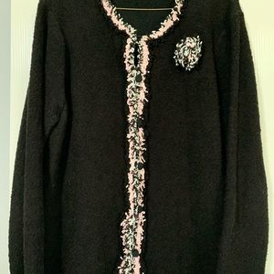 Ladies Large Button Cardigan Black Pink